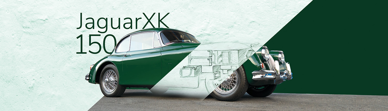 jaguar_homeslider_1500x630 Ein grüner Jaguar XK 150. Er ist umgebaut und neu elektrisch unterwegs. Auf dem Bild sieht man, als Handskizze, einige der verbauten Komponenten. Die Antriebsbatterie sowie das Batteriemanagement sind zu erkennen. Der Elektromotor ist auf diesem Bild nicht ersichtlich, er befindet sich an der Stelle, an der früher das Getriebe des Fahrzeugs war.