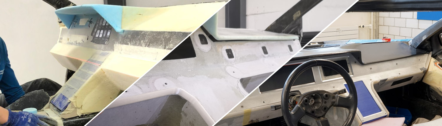 Dash_Slide2 Designprozess Armaturenbrett. Ein dreiteiliges Bild, jeweils mit schrägen Linien unterteilt. Ganz links die Formfindung im Auto mit Teilen aus Schaumstoff. Im mittleren Bild die bereits produzierten und im Auto eingebauten Teile, noch ohne Leder und Lackierung. Und im rechten Teilbild das Armaturenbrett, eingebaut im Fahrzeug, mit Leder aber noch nicht lackiert.
