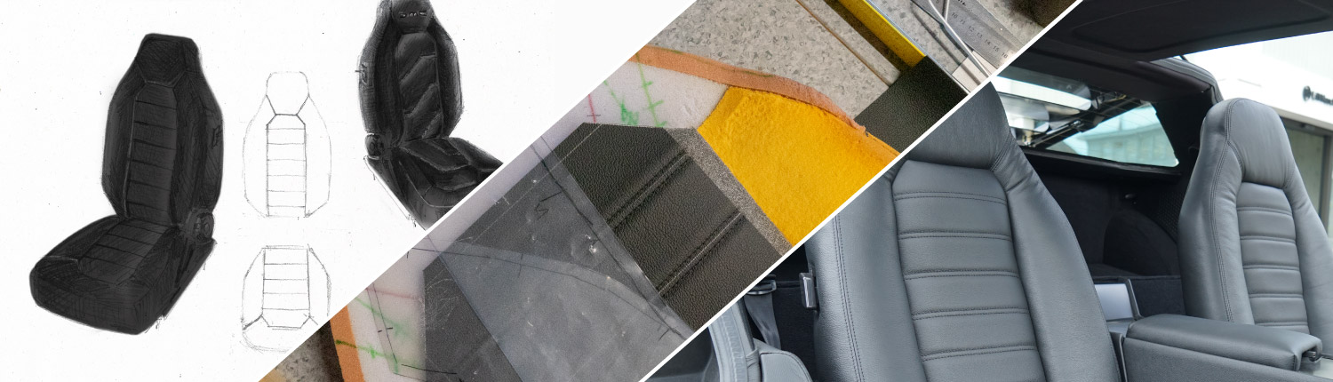 DeLorean Interieur Sitze Designprozess Sitze. Ein dreiteiliges Bild, jeweils mit schrägen Linien unterteilt. Ganz links eine Skizze von Hand. Im mittleren Bild eine Auslegeordnung mit Materialien des Sattlers. Und im rechten Teilbild die Sitze, eingebaut im Fahrzeug.